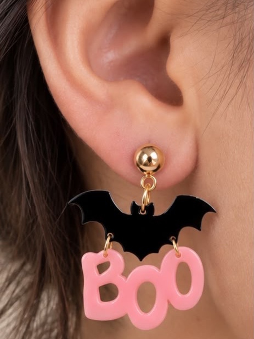 Pink BOO Earrings with Black Bat and Gold Studs